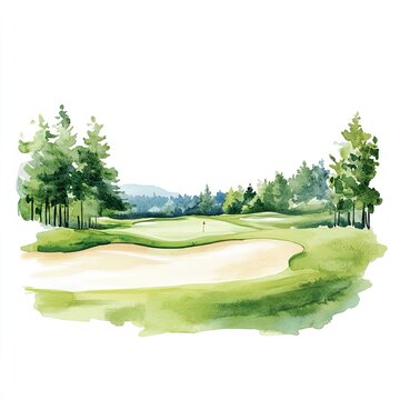 Watercolor close up of golf course with green fairway and bunkers surrounded by pine trees, ideal for nature and sport designs