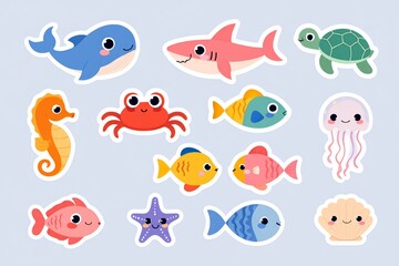 Fototapeta premium Cute cartoon ocean creatures on a light gray background.