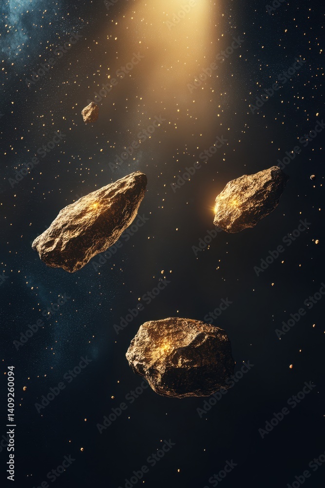 Poster floating asteroids illuminated by distant starlight in deep space cosmic scene with warm glow and ce
