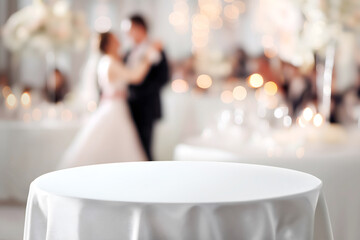White table for product placement in decorated indoor venue with bride and groom dancing in background, copy space