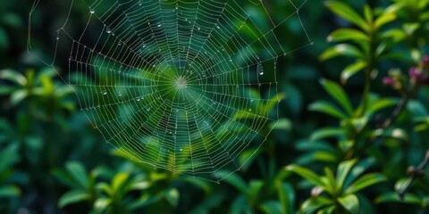 Naklejka premium A glistening spiderweb, heavy with dew, hangs in a vibrant green forest, natural, leaves