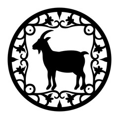 Silhouette of a Goat Inside an Ornate Circular Floral Decorative Frame