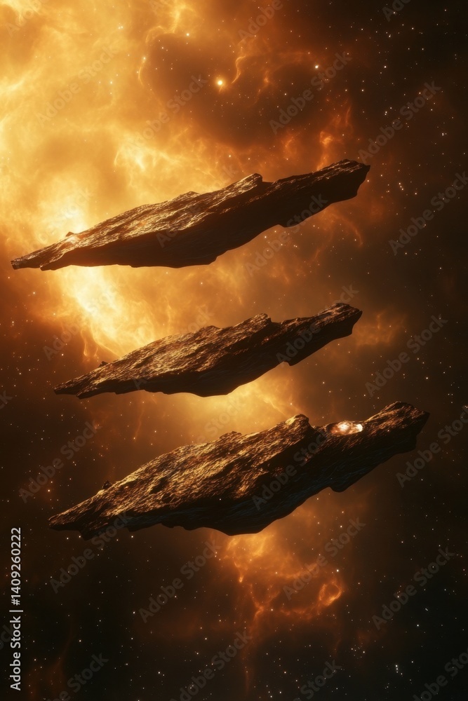 Poster dramatic asteroids floating in a cosmic nebula with bright stars and deep space exploration concept 