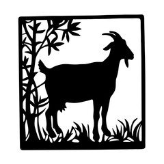 Silhouette of a goat in a black frame surrounded by plants