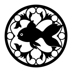 Goldfish emblem in circular floral design rendered in stark black and white