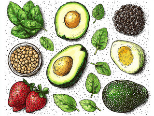 An illustration of various types of food suitable for parrots, emphasizing pet care and nutrition