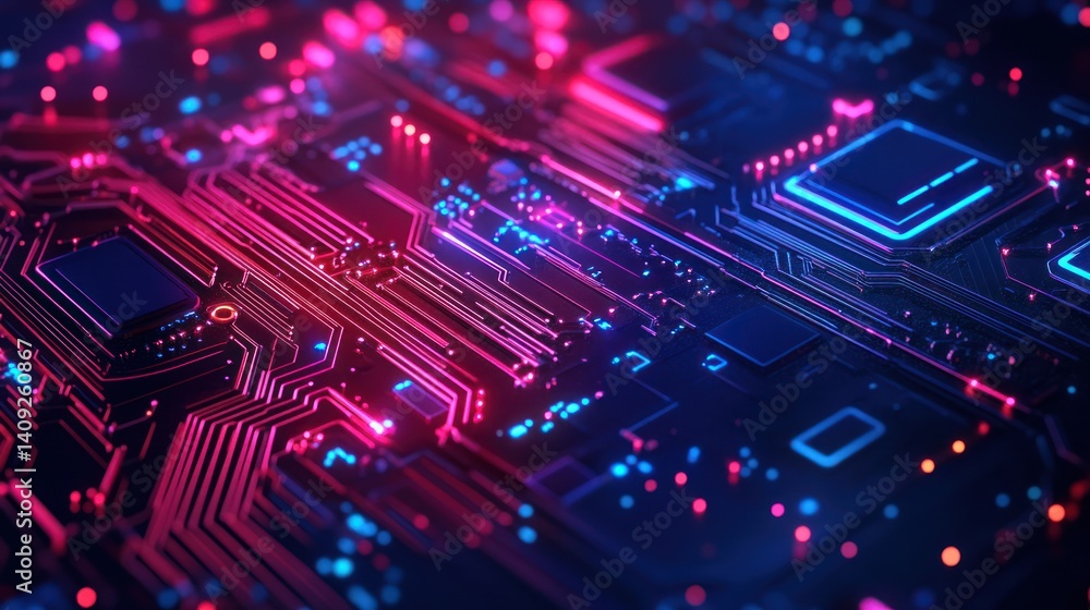 Poster abstract circuit board design with red and blue lights shining through the intricate paths