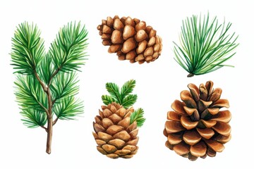 Watercolor illustration of pine cones and branches on white background for christmas decoration