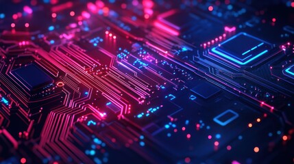 Obraz premium Abstract Circuit Board Design with Red and Blue Lights Shining Through the Intricate Paths