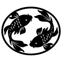Black and white illustration of two koi fish forming a circle