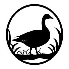 Fototapeta premium Silhouette of a goose in a circular scene with grass and water