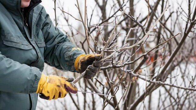 close-up of a man cutting branches on a tree