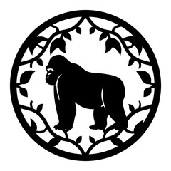 Strong silverback gorilla silhouette in a floral and ornamental circle frame
