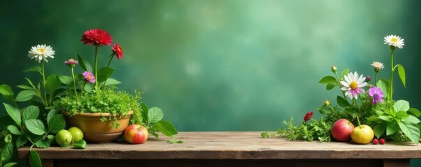 Overgrown plants and flowers on a weathered wooden table against a soft muted green backdrop, muted green, flowers