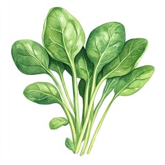 Watercolor spinach artwork isolated on white for culinary design and health promotion projects