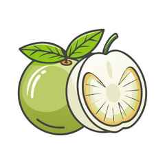 A vibrant illustration of a whole and halved guava fruit with lush green leaves