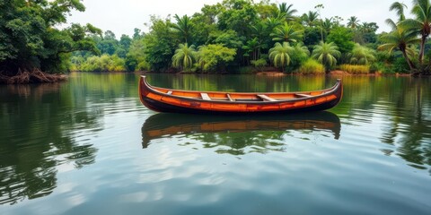 Antique wooden canoe floats serenely on a calm river, surrounded by lush greenery, voyage, vintage