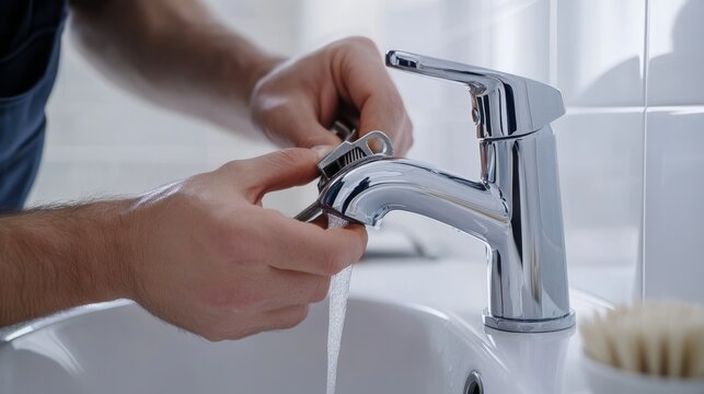 Plumber fixing a leaky faucet in a bathroom. Featuring attention to detail and skill