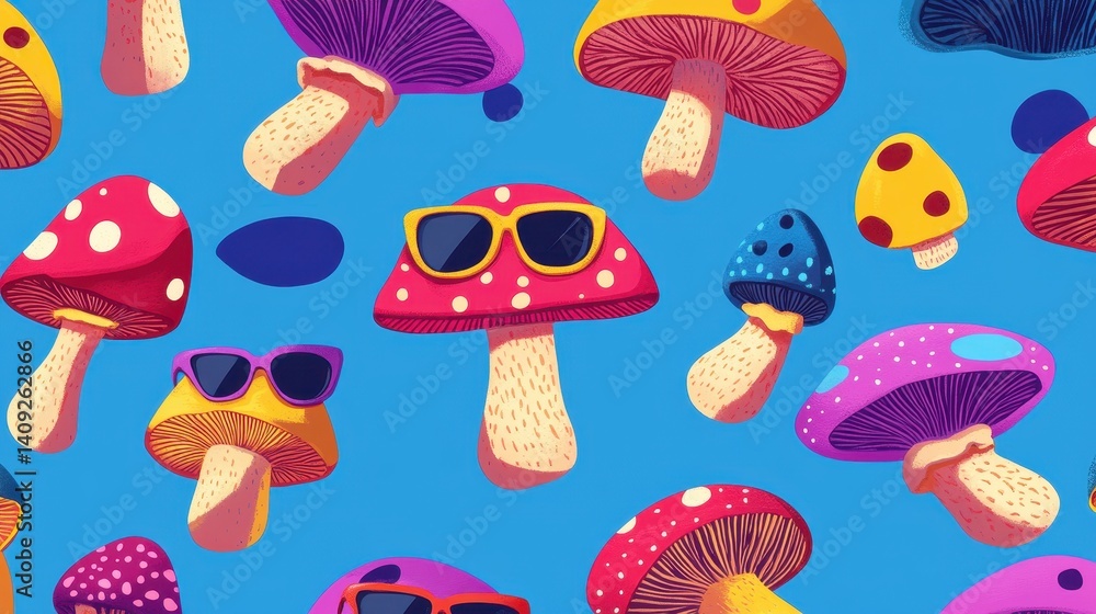 Aufkleber whimsical mushroom pattern: a colorful and vibrant pattern of fanciful mushrooms, each with a unique