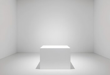 Fototapeta premium A pristine white cube pedestal bathed in soft light against a minimalist gallery wall, form, modern