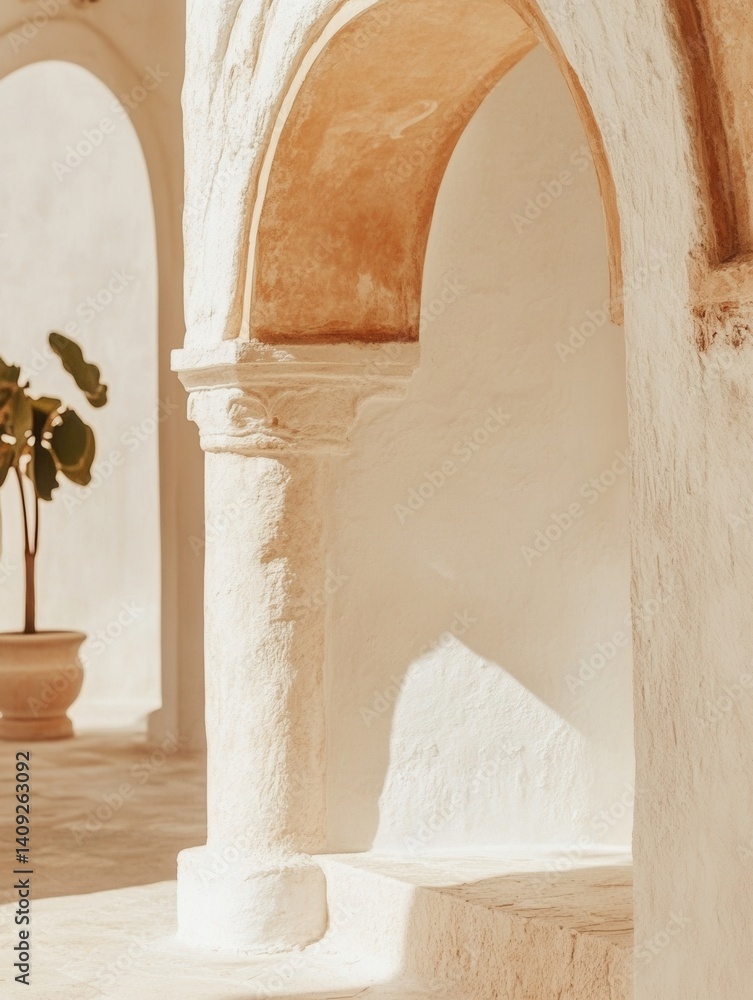Poster serene architecture with arches and a potted plant capturing the essence of minimal design and natur