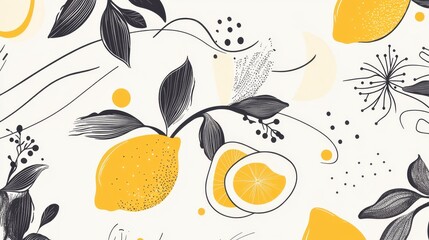 Lemon Zest: A visually appealing pattern featuring fresh yellow lemons and elegant gray leaves against a neutral backdrop, the design evoking a sense of freshness and culinary delight.