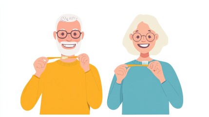 Happy Seniors Brushing Teeth Together with Joyful Expressions