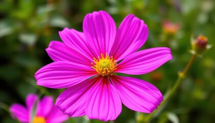 Fototapeta premium A single, vibrant pink cosmos flower in full bloom, petals unfurled, stem, leaf