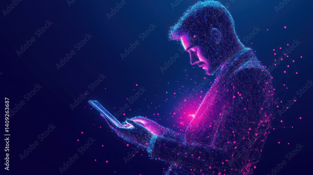 Poster digital networking: a connected man interacts with a glowing mobile device