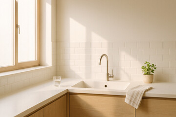 Minimalist white kitchen counter with morning sunlight