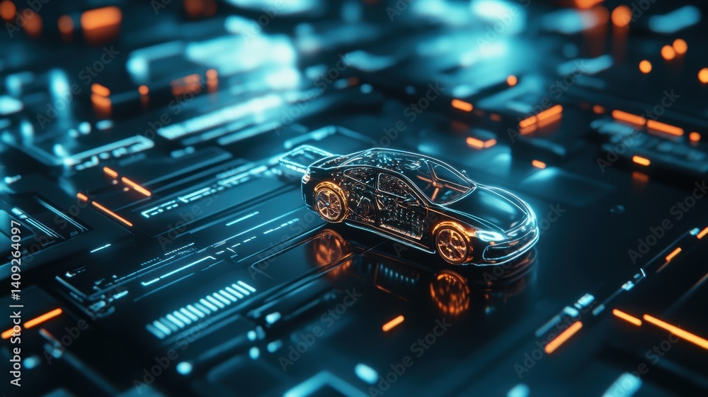 Poster future vehicle concept: a futuristic concept car sits atop a network of advanced computer circuitry,