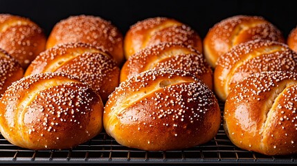Multiple pretzels arranged in perfect rows on cooling rack, showing subtle texture variations and steam rising gently