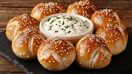 Pile of mini pretzel bites with cheese dip in the center, arranged symmetrically on black slate for snack concept photo