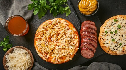 Pretzel served on slate board beside sausage, sauerkraut, and mustard, styled in masculine Oktoberfest theme