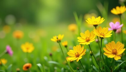Fototapeta premium Soft petals of yellow wildflowers sway gently in the breeze amidst lush green grass and vibrant colorful blooms , Flowers, Wildflowers