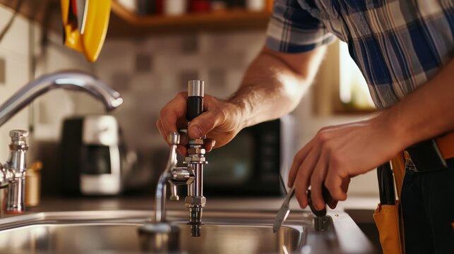 Plumber inspecting a gas line connection in a kitchen. Featuring technical expertise and safety