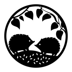 Monochrome Silhouette of Two Hedgehogs Under a Branch with Heart Shaped Leaves