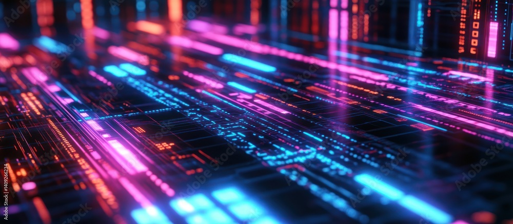 Poster futuristic neon data streams visualizing digital communication landscape