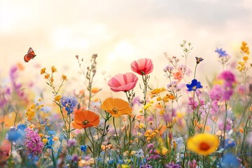 Obraz premium Vibrant Wildflower Meadow with Butterfly, a Beautiful Spring Scene