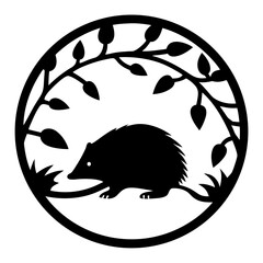 Silhouette of a hedgehog surrounded by foliage in a circular frame design