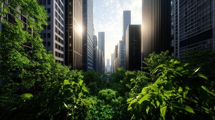 Fototapeta premium Urban oasis, city park, sunlight, skyscrapers, green foliage