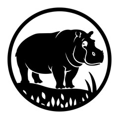 Monochromatic hippopotamus standing in a circular frame with simplified grass drawing