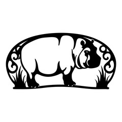 Black and white hippo silhouette with decorative grass and ornamental border