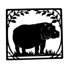 Black Silhouette Illustration of a Hippopotamus in a Jungle Frame