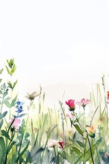 Wildflower meadow border soft watercolors light background and clear writing space in the middle