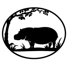 Silhouette of Hippo Under a Tree in a Circular Design Landscape