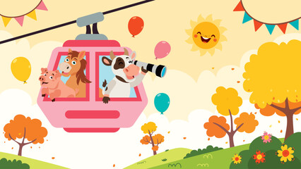 Cartoon Animals In A Cablecar