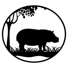 Silhouette of a Hippopotamus Standing Near a Tree Inside a Circle Frame