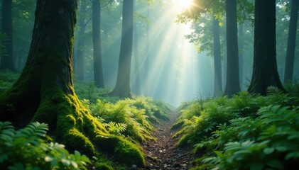 Obraz premium Misty forest clearing with dense growth of ferns and moss, in morning dew , undergrowth, forest floor, forest