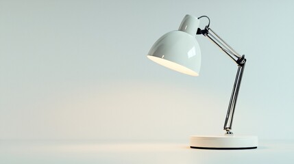 Adjustable white desk lamp illuminating a clean workspace with soft light in a minimalist interior design setting
